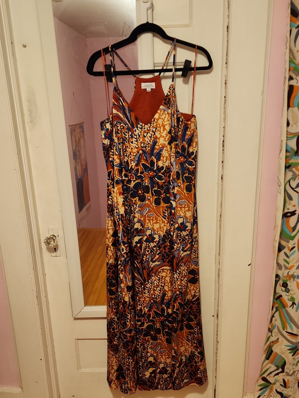 Tahari Floor Length Floral Satin Slip Dress - Rust Multi